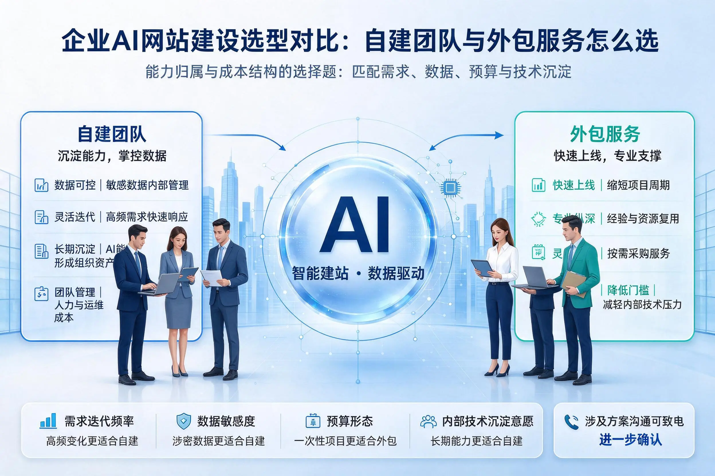 果洛企业AI网站建设选型对比：自建团队与外包服务怎么选